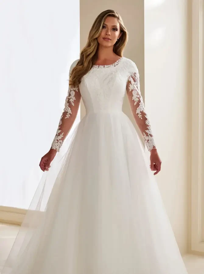 Model wearing a white gown by CHERI