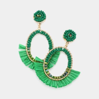 Crown Jewel Style #Open Metal Oval Raffia Fringe Dangle  (Green) #0 thumbnail